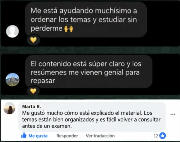 Mensajes de alumnas sobre la organización y claridad del material